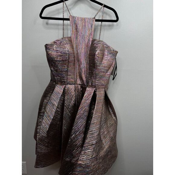 ASHLEY LAUREN 4106 Colorful Metallic Halter A-line Cocktail Mini Dress Size 12 - Picture 3 of 5